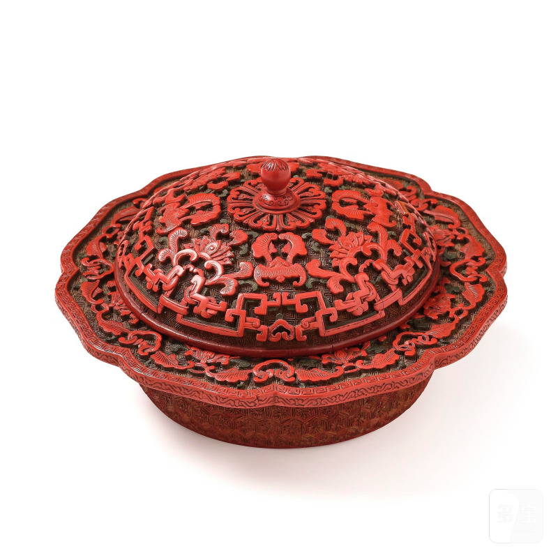 A Chinese three-colour lacquer box and cover,